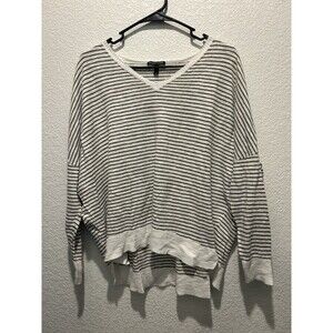 Eileen Fisher L Striped Organic Cotton Linen V Neck Sweater Green White Boxy